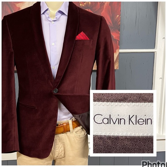 Calvin Klein Burgundy Velvet Dinner Jacket Tuxedo Mens 40R Slim Fit Stretch